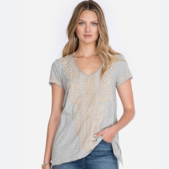 Johnny Was Tops - Johnny Was Gray Kemi Knit Drape Short Sleeve Blouse Size Small